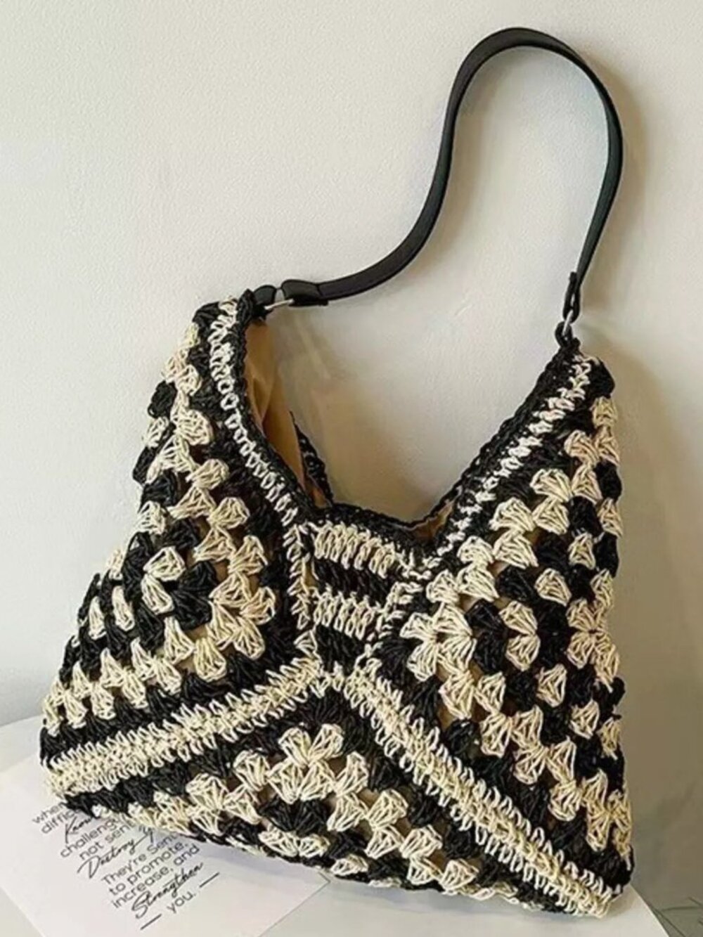Black & Beige Woven Crochet Pattern Summer Beach Shoulder Bag
